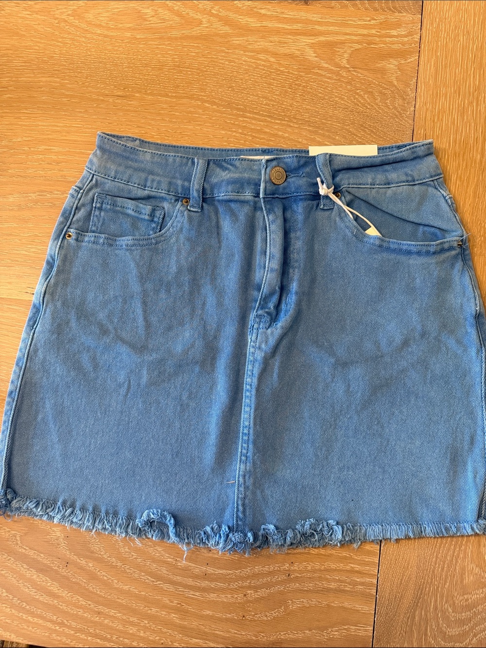 Zenana Outfitters Light Blue Denim Mini Skirt with Frayed Hem